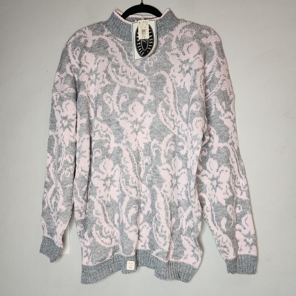 NWT Vintage Classic Essentials Pink Grey Knit Sweater Mock Neck Estimated Sz XL